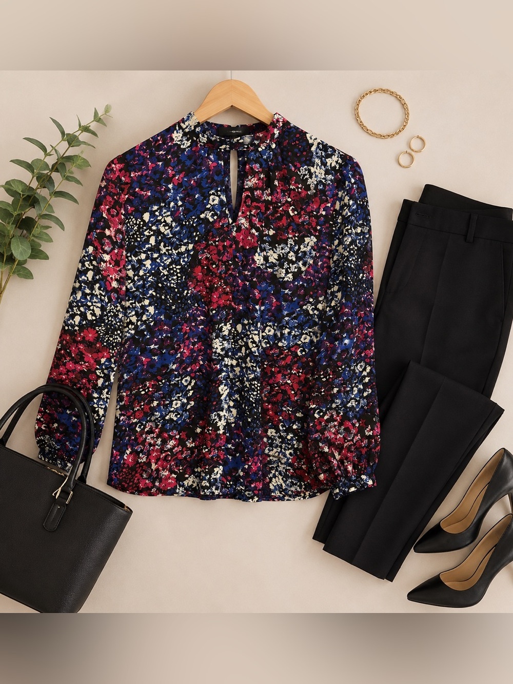Nine West Floral Mock Neck Keyhole Blouse in Black, Blue & Pink Medium